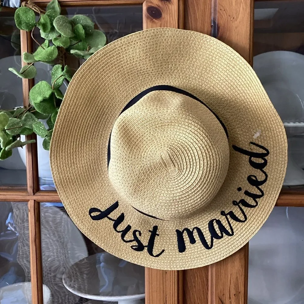 C.C Floppy Paper Straw Wide Brim Hat Embroidered Just Married OS